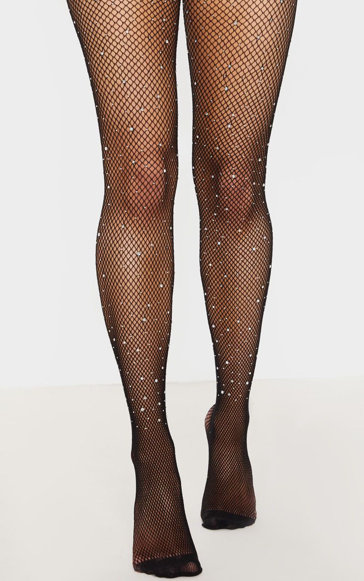 Footed Diamanté Fishnet Tights - Sand or Black